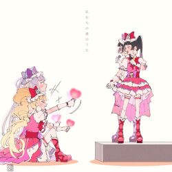 Rule 34 | 4girls, aisaki emiru, aoi tete, artist name, back-to-back, black hair, blonde hair, boots, bow, closed eyes, closed mouth, commentary, cosplay, cure amour, cure amour (cosplay), cure macherie, cure macherie (cosplay), dress, drill hair, earrings, facing another, frilled sleeves, frills, gloves, glowstick, hat, hat bow, highres, holding, holding hands, holding microphone, hugtto! precure, jewelry, looking at another, magical girl, medium dress, microphone, multiple girls, music, open mouth, podium, pom pom (clothes), pom pom earrings, precure, puffy short sleeves, puffy sleeves, purple bow, purple dress, purple footwear, purple hair, red bow, red dress, red footwear, ruru amour, short dress, short sleeves, shout lines, siblings, side-by-side, signature, singing, sitting, smile, thighhighs, translated, twin drills, twins, twintails, white gloves, white headwear, white thighhighs