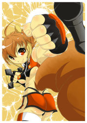 Rule 34 | animal ears, antenna hair, arc system works, bare shoulders, blazblue, blazblue: continuum shift, breasts, brown hair, fingerless gloves, gloves, highres, makoto nanaya, midriff, miniskirt, multicolored hair, orange eyes, punching, short hair, skirt, smile, squirrel ears, squirrel tail, tail, thighhighs, thighs, thong, two-tone hair, underboob