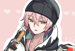 Rule 34 | 1boy, 66 (roro), beanie, food, food request, gloves, green eyes, hat, headphones, heart, highres, holding, holding food, hood, hoodie, ichika shiiro, male focus, open mouth, pink background, pink hair, short hair, vocaloid, vy2