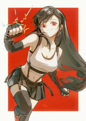 Rule 34 | 1girl, arm guards, bare shoulders, black hair, black skirt, black thighhighs, breasts, closed mouth, crop top, detached sleeves, earrings, final fantasy, final fantasy vii, final fantasy vii remake, fingerless gloves, gloves, highres, jewelry, large breasts, long hair, looking at viewer, low-tied long hair, midriff, navel, red eyes, red footwear, shir l1, skirt, smile, solo, square enix, suspender skirt, suspenders, tank top, thighhighs, tifa lockhart, white tank top, zettai ryouiki
