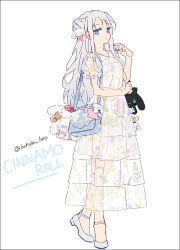 Rule 34 | 1girl, bag, blue eyes, blue nails, breasts, closed mouth, collared dress, dress, floral print, full body, grey hair, hakusai (tiahszld), hand up, long hair, looking at viewer, nail polish, original, print dress, puffy short sleeves, puffy sleeves, sanrio, see-through, see-through sleeves, shoes, short sleeves, shoulder bag, small breasts, solo, standing, twitter username, very long hair, white background, white dress, white footwear