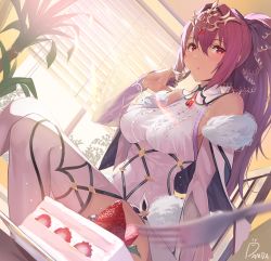 Rule 34 | 1girl, bare shoulders, breasts, cake, capelet, damda, detached sleeves, dress, fate/grand order, fate (series), food, forehead jewel, fork, fruit, fur trim, hair between eyes, hair intakes, hair ribbon, large breasts, lens flare, long hair, looking at viewer, ponytail, purple capelet, purple dress, purple hair, purple ribbon, purple thighhighs, red eyes, ribbon, scathach (fate), scathach skadi (fate), scathach skadi (third ascension) (fate), sitting, strawberry, sunlight, thighhighs, tiara, window