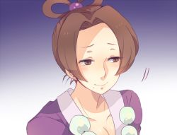 Rule 34 | 1girl, ace attorney, bad id, bad pixiv id, blue background, breasts, brown eyes, brown hair, capcom, cleavage, gradient background, hair ornament, hair rings, japanese clothes, jewelry, kisaki nana, medium breasts, mia fey, mole, mole under mouth, necklace, pearl fey, smile, solo, spoilers