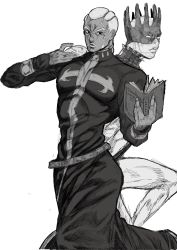 Rule 34 | 1boy, 1other, back-to-back, bible (object), book, cd, enrico pucci, greyscale, highres, holding, holding book, holding cd, jojo no kimyou na bouken, male focus, monochrome, priest, stand (jojo), standing, stone ocean, wahoxz, whitesnake (stand)