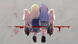 2girls bang_dream! bang_dream!_it&#039;s_mygo!!!!! black_ribbon blonde_hair blood blue_hair facing_away feathered_wings from_behind full_body grey_background hair_ribbon highres invisible_chair lierenfelon long_hair multiple_girls ribbon shared_wings shoe_soles shoes single_wing sitting togawa_sakiko two_side_up wakaba_mutsumi white_wings wings