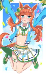 Rule 34 | absurdres, alternate hairstyle, animal ears, arms up, belt, blush, chawan (yultutari), cheerleader, collarbone, confetti, headband, highres, horse ears, horse girl, horse tail, looking at viewer, midriff, nice nature (run&amp;win) (umamusume), open mouth, orange hair, pom pom (cheerleading), ponytail, shoes, silence suzuka (umamusume), sky, tail, umamusume