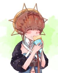 Rule 34 | 1girl, absurdres, belt, black sleeves, blue overalls, blush, braid, breasts, brown hair, buckle, closed eyes, clothing cutout, crown braid, eating, fate/grand order, fate (series), food, food on face, hands up, highres, holding, holding food, navel, navel cutout, orange headwear, overalls, puffy sleeves, shimogamo (shimomo 12), small breasts, solo, striped clothes, striped headwear, upper body, van gogh (fate)