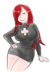 Rule 34 | 1girl, breasts, cleavage, cleavage cutout, clothing cutout, contrapposto, drawfag, dress, grin, hair over one eye, hand on own hip, large breasts, lips, lipstick, long hair, makeup, parasoul (skullgirls), red hair, skullgirls, narrow waist, smile, solo, standing, sweater, sweater dress, yellow eyes