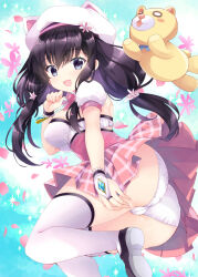 Rule 34 | 1girl, animal hat, ass, beret, black footwear, black hair, blue eyes, breasts, bridal gauntlets, cat hat, commentary request, dress, dress tug, from side, gloves, hat, hinata momo, leg up, long hair, looking at viewer, looking back, low-tied long hair, low twintails, magical girl, mahou shoujo kanae, medium breasts, miyamachi kanae, open mouth, panties, pantyshot, pink bridal gauntlets, pink dress, pink gloves, pleated dress, shoes, short dress, smile, solo, sparkle, standing, standing on one leg, stuffed animal, stuffed cat, stuffed toy, thighhighs, trefoil, twintails, underwear, white hat, white panties, white thighhighs, yumehiko