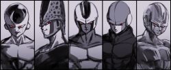 Rule 34 | alien, android, artist request, biceps, brothers, cell (dragon ball), closed mouth, colored skin, cooler (dragon ball), dragon ball, dragon ball super, dragonball z, frieza, hit (dragon ball), male focus, manly, meta-cooler, multiple boys, muscular, no ears, no eyebrows, no humans, pectorals, perfect cell, red eyes, serious, siblings, simple background, smile
