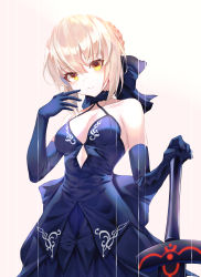 Rule 34 | 1girl, absurdres, artoria pendragon (all), artoria pendragon (fate), bare shoulders, blonde hair, blue bow, blue dress, blue footwear, blue gloves, blush, bow, breasts, cleavage, closed mouth, collarbone, dress, elbow gloves, excalibur morgan (fate), fate/grand order, fate (series), full body, gloves, gradient background, hair bow, halter dress, halterneck, hand up, highres, holding, holding sword, holding weapon, light smile, looking at viewer, medium breasts, minin982, pink background, saber alter, short hair, sleeveless, sleeveless dress, solo, standing, sword, thighhighs, weapon, yellow eyes, zettai ryouiki