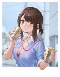 Rule 34 | 1girl, :q, absurdres, beer can, blue shirt, blurry, blurry background, blush, bra, bra peek, breasts, brown eyes, brown hair, can, cleavage, closed mouth, collared shirt, day, depth of field, douki-chan (douki-chan), drink can, ganbare douki-chan, highres, holding, holding can, joeychen, looking at viewer, medium breasts, outdoors, partially unbuttoned, pov, red bra, shirt, short hair, short ponytail, short sleeves, sidelocks, smile, solo, swept bangs, tongue, tongue out, underwear