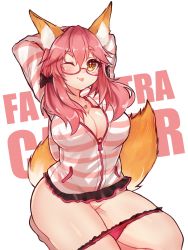 Rule 34 | 10s, 1girl, animal ear fluff, animal ears, black bow, blush, bow, breasts, commentary, copyright name, english commentary, fate/extra, fate (series), fox ears, fox tail, glasses, hair bow, hands up, hood, hoodie, jewelry, large breasts, long hair, long sleeves, looking at viewer, low twintails, necklace, official alternate costume, one eye closed, osiimi, panties, panty pull, pink-framed eyewear, pink hair, pink panties, seiza, semi-rimless eyewear, sitting, smile, solo, striped clothes, striped hoodie, tail, tamamo (fate), tamamo no mae (fate/extra), tamamo no mae (spring casual) (fate), twintails, under-rim eyewear, underwear, unzipped, white background, yellow eyes