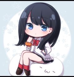 Rule 34 | 1girl, black hair, black skirt, blue background, blue eyes, blush, bow, brown footwear, cardigan, chibi, closed mouth, commentary request, floral background, full body, gridman universe, hand in pocket, hand up, highres, letterboxed, loafers, long hair, long sleeves, looking at viewer, miniskirt, orange scrunchie, pleated skirt, red bow, red socks, rensei, scrunchie, shoes, sitting, skirt, socks, solo, ssss.gridman, takarada rikka, two-tone background, white background, white cardigan, wrist scrunchie