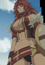Rule 34 | 1girl, armor, breasts, female focus, large breasts, long hair, mace, outdoors, panties, purple eyes, queen&#039;s blade, red hair, risty (queen&#039;s blade), screencap, shield, sky, solo, underwear, weapon