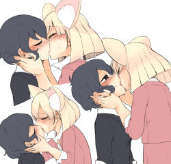 Rule 34 | 10s, 2girls, adapted costume, alternate costume, animal ear fluff, animal ears, apple12th, black eyes, black hair, black jacket, blonde hair, blush, buttons, cheating (relationship), collared shirt, contemporary, drooling, extra ears, closed eyes, fennec (kemono friends), fox ears, french kiss, half-closed eyes, hands on another&#039;s neck, highres, jacket, kaban (kemono friends), kemono friends, kiss, long sleeves, looking at another, multiple girls, netorare, pink jacket, shirt, short hair, simple background, sweat, upper body, white background, yuri