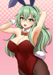 Rule 34 | 1girl, absurdres, animal ears, aqua eyes, aqua hair, bare shoulders, blush, bow, bowtie, breasts, brown pantyhose, cleavage, covered navel, detached collar, fake animal ears, fake tail, hair between eyes, hair ornament, hairclip, highres, kantai collection, large breasts, leotard, long hair, looking at viewer, mushi mushi ex, open mouth, pantyhose, pink background, playboy bunny, rabbit ears, rabbit tail, red leotard, smile, solo, strapless, strapless leotard, suzuya (kancolle), tail, traditional bowtie, wrist cuffs