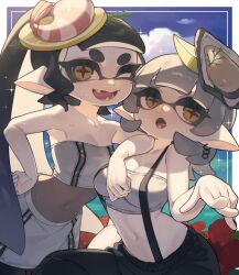 2girls absurdres alternate_costume alternate_hairstyle beach black_hair callie_(splatoon) cousins flower food food_on_head grey_hair hands_on_own_hips highres inkling long_hair marie_(splatoon) midriff mole mole_under_eye multiple_girls nintendo object_on_head official_alternate_costume official_alternate_hairstyle one_eye_closed pointy_ears prat_rat short_hair splatoon_(series) splatoon_3 star-shaped_pupils star_(symbol) symbol-shaped_pupils tentacle_hair water yellow_eyes