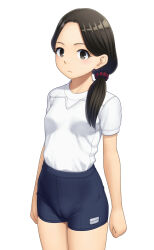 Rule 34 | 1girl, bike shorts, black hair, blue shorts, cameltoe, cleft of venus, closed mouth, commentary, cowboy shot, gym uniform, hair ornament, hair over shoulder, hair scrunchie, highres, light frown, looking at viewer, low ponytail, maburu (lojyq1eur3e8bit), medium hair, original, red scrunchie, scrunchie, shirt, short sleeves, shorts, simple background, solo, standing, t-shirt, white shirt