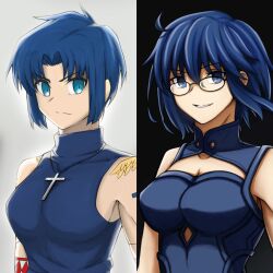 absurdres ahoge angry bare_arms black_background blue_dress blue_eyes blue_hair breasts chdr_anderson ciel_(tsukihime) cleavage collar cross crucifix dress glasses grey_background highres looking_at_viewer medium_breasts no_bra portrait short_hair smile tattoo tomboy tsukihime tsukihime_(remake) upper_body