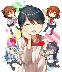Rule 34 | &gt; &lt;, 5girls, :d, ^ ^, absurdres, akatsuki (kancolle), anchor symbol, apron, arm up, black hair, black legwear, blue eyes, blue hair, blush, box, brown eyes, brown hair, chestnut mouth, chibi, closed eyes, commentary request, flat cap, flower, folded ponytail, gift, gift box, grey eyes, hair ornament, hairclip, hand on own cheek, hand on own face, happy, has bad revision, has downscaled revision, hat, hibiki (kancolle), highres, holding, houshou (kancolle), ikazuchi (kancolle), inazuma (kancolle), japanese clothes, kantai collection, kappougi, long hair, looking at viewer, md5 mismatch, miyabi (miyabeeya), multiple girls, open mouth, pantyhose, pleated skirt, ponytail, purple hair, resolution mismatch, school uniform, serafuku, shoes, short hair, silver hair, simple background, skirt, smile, source smaller, thighhighs, verniy (kancolle), xd, zettai ryouiki