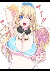 Rule 34 | 1girl, ;d, alternate costume, arm up, armpits, atago (kancolle), beret, bikini, blonde hair, blue bikini, blue eyes, blush, bouncing breasts, breasts, cheerleader, cleavage, commentary request, detached collar, fur collar, hat, himukai kyousuke, kantai collection, large breasts, letterboxed, long hair, looking at viewer, navel, neck ribbon, one eye closed, open mouth, pom pom (cheerleading), ribbon, skindentation, smile, solo, stomach, swimsuit, upper body, white background