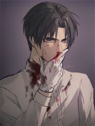 Rule 34 | 1boy, artist name, black hair, bleeding, blood, blood on clothes, blood on face, blood on gloves, blue eyes, blue hair, bright pupils, buttons, chromatic aberration, covering own mouth, cuts, film grain, gloves, grey background, hand over own mouth, heshikiri hasebe, highres, injury, llxxxhhxxxll, long sleeves, looking at viewer, male focus, nosebleed, parted bangs, shirt, short hair, simple background, solo, torn clothes, touken ranbu, upper body, white gloves, white pupils, white shirt