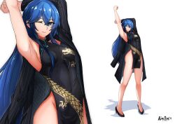Rule 34 | 1girl, absurdres, alternate costume, armpits, arms up, artist name, blue archive, blue eyes, blue hair, breasts, chinese clothes, cosplay, covered erect nipples, dragon print, fire emblem, fire emblem awakening, full body, hair between eyes, high heels, highres, jacket, jacket partially removed, kamilisme, kisaki (blue archive), kisaki (blue archive) (cosplay), long hair, looking at viewer, lucina (fire emblem), medium breasts, navel, nintendo, one eye closed, shadow, sideboob, signature, simple background, solo, stretching, symbol-shaped pupils, thighs, white background, zoom layer