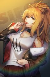 Rule 34 | 1girl, animal ear fluff, animal ears, arknights, artist name, bare shoulders, black collar, black jacket, black nails, blonde hair, breasts, candy, character name, cleavage, collar, collarbone, commentary, food, gradient background, grey background, hair between eyes, hand on own hip, hand up, holding, holding food, jacket, large breasts, lion ears, lollipop, long hair, long sleeves, looking at viewer, nail polish, off shoulder, open mouth, sidelocks, siege (arknights), solo, spiked collar, spikes, streyah, tank top, upper body, white tank top, yellow background, yellow eyes