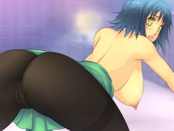 Rule 34 | 1girl, all fours, ass, blue hair, blush, breasts, breasts out, choker, from behind, hanging breasts, huge breasts, legs, looking away, nipples, no bra, pantyhose, short hair, solo, thighs, yellow eyes, yoko juusuke
