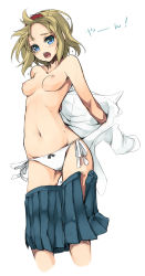 Rule 34 | 1girl, alice margatroid, blonde hair, blue eyes, breasts, clothes pull, dress shirt, female focus, hairband, highres, nipples, no bra, open clothes, open mouth, open shirt, open skirt, panties, panties only, shirt, short hair, side-tie panties, simple background, skirt, skirt pull, solo, topless, touhou, unasaka ryou, underwear, underwear only, undressing, white background, white panties