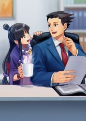 Rule 34 | 1boy, 1girl, ace attorney, bad id, bad pixiv id, black hair, chair, coffee mug, cup, desk, folder, formal, half updo, highres, holding, holding paper, japanese clothes, jewelry, kimono, long hair, magatama, maya fey, mug, nashigaya koyomi, necklace, necktie, office, office chair, open mouth, paper, phoenix wright, red necktie, short hair, sidelocks, sitting, spiked hair, suit, swivel chair, wide sleeves