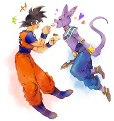 Rule 34 | 2boys, animal ears, bare shoulders, black hair, bracelet, cat ears, colored skin, dragon ball, dragonball z, dragonball z battle of gods, food, god of destruction beerus, happy, jewelry, jumping, male focus, monster, multiple boys, no humans, pudding, purple skin, smile, son goku, tongue, wristband