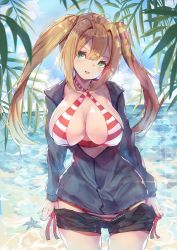 Rule 34 | 1girl, absurdres, ahoge, beach, bikini, black jacket, black shorts, blonde hair, breasts, clothes pull, covered erect nipples, cowboy shot, criss-cross halter, fate/grand order, fate (series), green eyes, hair between eyes, hair intakes, halterneck, head tilt, highres, huge filesize, jacket, large breasts, leaf, long hair, looking at viewer, nero claudius (fate), nero claudius (fate) (all), nero claudius (swimsuit caster) (fate), shin murasame, shiny skin, shorts, shorts pull, side-tie bikini bottom, smile, solo, sparkle, standing, striped bikini, striped clothes, summer, swimsuit, twintails, undressing, water