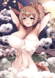 Rule 34 | 1025ridoru, 1girl, animal ears, armpits, arms up, bathing, blue eyes, blush, breasts, brown hair, cleavage, commentary request, cowboy shot, grin, hair between eyes, hair ornament, highres, horse ears, horse girl, horse tail, large breasts, medium hair, naked towel, onsen, outdoors, ponytail, smile, solo, star (symbol), star hair ornament, steam, steaming body, taiki shuttle (umamusume), tail, towel, umamusume, white towel