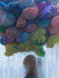 Rule 34 | 1boy, 1girl, balloon, black hair, closed mouth, glass, half-closed eyes, highres, long hair, looking down, original, painterly, parted lips, pink hair, qunqing123, upper body