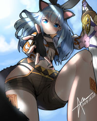 Rule 34 | 10s, 1girl, animal ears, bad id, bad pixiv id, bandeau, blade &amp; soul, blue eyes, blue hair, cat ears, collar, cropped jacket, fingerless gloves, flat chest, from below, gloves, jacket, kneeling, long hair, looking down, lyn (blade &amp; soul), matching hair/eyes, navel, outstretched hand, ribbon, shorts, smile, solo, sword, tail, tattoo, weapon