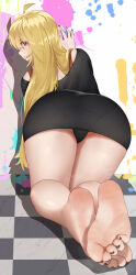 Rule 34 | 1girl, ass, barefoot, blonde hair, bocchi the rock!, checkered floor, feet, highres, ijichi seika, long hair, looking at viewer, looking back, nail polish, paint splatter, panties, pantyshot, parted lips, red eyes, soles, toes, underwear, wd (1106592840)
