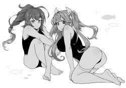 Rule 34 | 2girls, ahoge, ass, barefoot, breasts, closed mouth, crossed legs, fish, flower-shaped pupils, fujinoki (horonabe-ken), greyscale, hair ornament, hair ribbon, i-168 (kancolle), i-19 (kancolle), kantai collection, large breasts, long hair, low-tied long hair, monochrome, multiple girls, one-piece swimsuit, ponytail, ribbon, simple background, sitting, swimsuit, symbol-shaped pupils, thighhighs, tri tails, x hair ornament