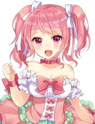 Rule 34 | 1girl, :d, bang dream!, bare shoulders, blush, bow, bowtie, breasts, choker, cleavage, clenched hand, collarbone, detached sleeves, dress, frilled sleeves, frills, hair ribbon, hand up, looking at viewer, maruyama aya, medium breasts, nameneko (124), open mouth, pink bow, pink bowtie, pink eyes, pink hair, pink ribbon, ribbon, ribbon choker, short sleeves, sidelocks, simple background, smile, solo, white background, white ribbon, wrist bow