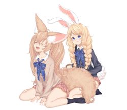 Rule 34 | 2girls, animal ear fluff, animal ears, blue eyes, blush, rabbit ears, closed mouth, commission, elin, fang, fox ears, fox girl, fox tail, full body, hair between eyes, highres, large ears, large tail, long hair, long sleeves, multiple girls, no shoes, original, plushmallow (elin), school uniform, seiza, sitting, skirt, susukitten, tail, tail brushing, tera online, twintails, white background