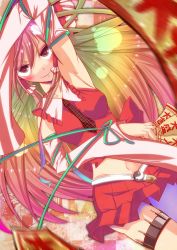 Rule 34 | 1girl, alternate costume, alternate hair color, armpits, bad id, bad pixiv id, blush, bow, contemporary, detached sleeves, female focus, gradient hair, hair bow, hair tubes, hakurei reimu, holster, japanese clothes, long hair, midriff, miko, mito (calcomer), motion blur, multicolored hair, navel, necktie, needle, ofuda, ribbon, smile, solo, thigh holster, touhou