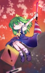 Rule 34 | 1girl, black footwear, blouse, blue dress, blush, bow, closed eyes, closed mouth, cloud, commentary request, cookie (touhou), daiyousei, diyusi (cookie), dress, frilled dress, frills, full body, gloves, green hair, hair between eyes, hair bow, holding, medium hair, orange sky, outdoors, outstretched arm, pinafore dress, ponytail, road sign, shirt, shoes, sign, sitting, sky, sleeveless dress, socks, solo, sunset, touhou, traffic baton, traffic cone, warning sign, white gloves, white shirt, white socks, wind, xox xxxxxx, yellow bow