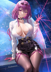 Rule 34 | 1girl, artist name, black choker, breasts, choker, cleavage, collared shirt, crack, cracked glass, eyewear on head, glint, gloves, grin, hand up, highres, honkai: star rail, honkai (series), jewelry, kafka (honkai: star rail), large breasts, laser, long hair, long sleeves, looking at viewer, multiple rings, open clothes, open shirt, pantyhose, parted lips, pencil skirt, print sleeves, purple eyes, purple gloves, purple hair, ring, shirt, shirt tucked in, sitting, skirt, sky, smile, solo, space, star (sky), starry sky, studiopokotan, sunglasses, suspenders, thighs, web print, white shirt, window