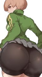 Rule 34 | 1girl, ass, bike shorts, blush, breasts, brown eyes, cameltoe, clothes lift, from behind, from below, highres, huge ass, jacket, kurosususu, light brown hair, looking at viewer, looking back, looking down, medium breasts, open mouth, pantylines, persona, persona 4, satonaka chie, shiny clothes, short hair, sideboob, simple background, skirt, skirt lift, solo, thick thighs, thighs, track jacket, white background