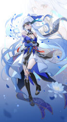 Rule 34 | 1girl, bare shoulders, black blindfold, blindfold, blue dress, blue sleeves, boots, breasts, chinese commentary, cleavage, closed mouth, commentary request, crescent, detached sleeves, dress, epiphyllum, flower, full body, gou lianlian dogface, highres, honkai: star rail, honkai (series), jingliu (honkai: star rail), knee boots, long hair, looking at viewer, lotus, medium breasts, petals, red eyes, revision, solo, very long hair, white flower, zoom layer