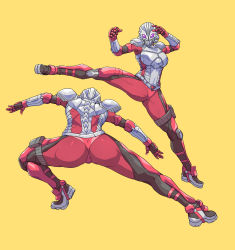 Rule 34 | 1girl, absurdres, armor, ass, cirenk, full body, gloves, helmet, highres, kicking, legs apart, multiple views, namco, red gloves, science fiction, simple background, skin tight, spine, standing, tagme, tekken, vambraces, yellow background