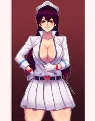 Rule 34 | 1girl, artist name, bambietta basterbine, belt, black belt, black hair, bleach, bleach: sennen kessen-hen, breasts, collarbone, commentary, commission, english commentary, gloves, gradient background, hair between eyes, hat, heart belt, highres, jacket, large breasts, long hair, looking at viewer, luchidart, military hat, military jacket, military uniform, parted lips, partially unbuttoned, peaked cap, pleated skirt, quincy (bleach), red background, simple background, skirt, smile, solo, sternritter, uniform, wandenreich uniform, white gloves, white hat, white jacket, white skirt