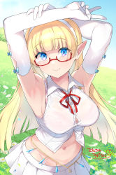 Rule 34 | 1girl, armpits, arms up, bad id, bad twitter id, bare shoulders, blonde hair, blouse, blue eyes, bra, bra strap, bra visible through clothes, breasts, button gap, collared shirt, commission, crop top, dress shirt, elbow gloves, elf, elf no radral, flower, glasses, gloves, groin, hairband, highres, inari (inariya), large breasts, long hair, looking at viewer, midriff, miniskirt, navel, neck ribbon, original, partially unbuttoned, pink bra, pleated skirt, pointy ears, red-framed eyewear, ribbon, see-through, semi-rimless eyewear, shirt, skeb commission, skirt, sleeveless, sleeveless shirt, smile, solo, stomach, under-rim eyewear, underwear, upper body, v, white flower, white gloves, white shirt, white skirt