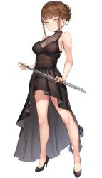Rule 34 | 1girl, :&gt;, armpits, bare shoulders, black dress, blush, braid, breasts, brown hair, choker, cleavage, closed mouth, crown braid, dress, eyebrows hidden by hair, feet, female focus, flute, full body, game cg, groin, high heels, highres, holding, holding flute, holding instrument, instrument, large breasts, legs, legs apart, light blush, looking at viewer, original, smile, solo, standing, tachi-e, thighs, transparent background, waymay, yellow eyes